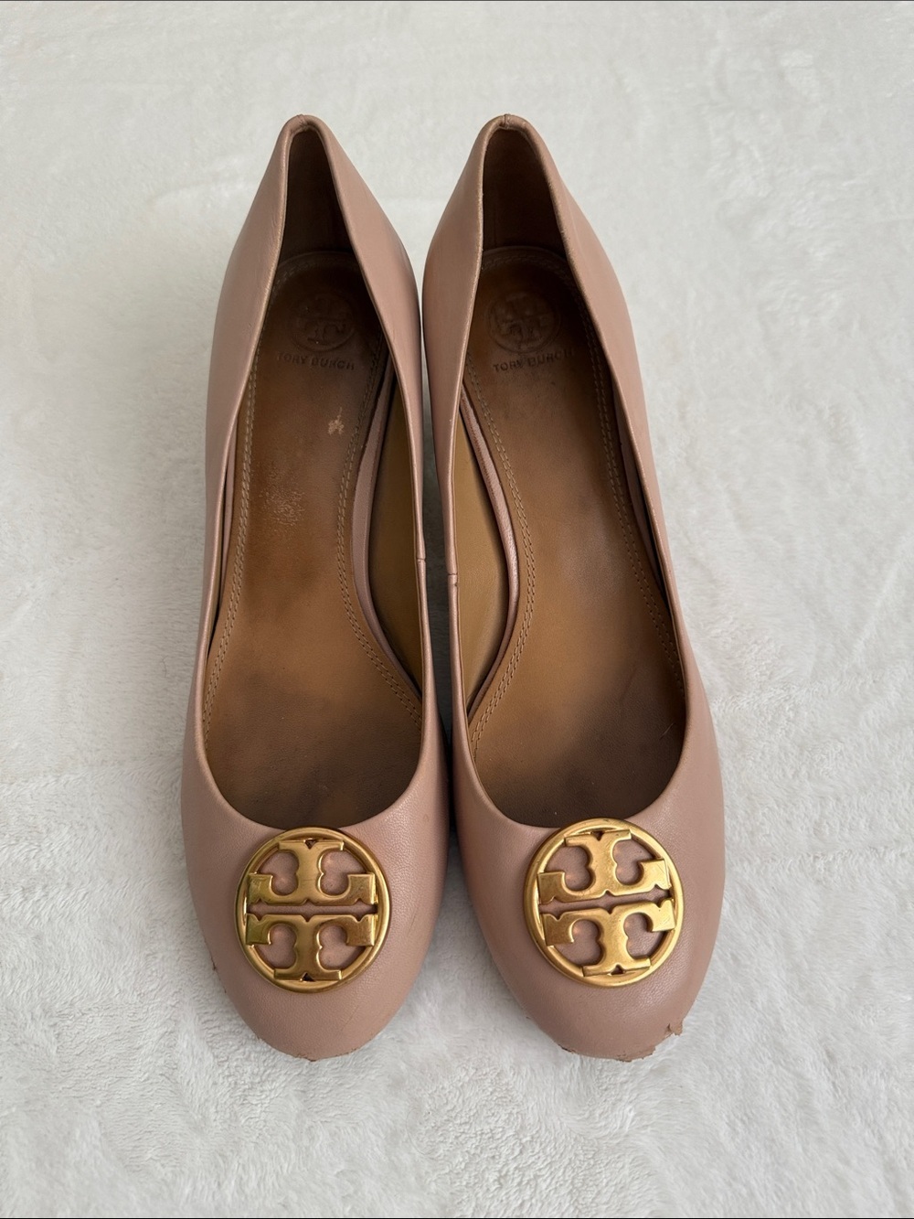 Tory Burch Blush Pink Leather Heals with Gold Logo